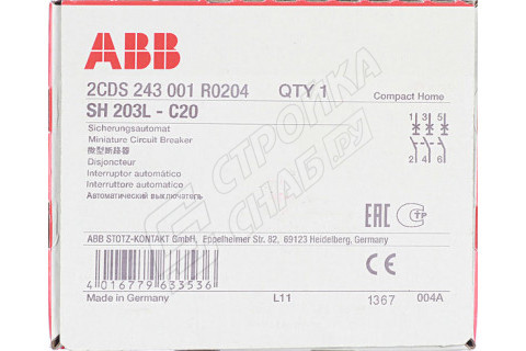 Автоматический выключатель ABB SH203L (2CDS243001R0204) 3P 20А тип C 4,5 кА 400 В на DIN-рейку Автоматический выключатель ABB SH203L (2CDS243001R0204) 3P 20А тип C 4,5 кА 400 В на DIN-рейку