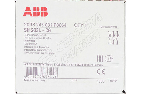 Автоматический выключатель ABB SH203L (2CDS243001R0064) 3P 6А тип C 4,5 кА 400 В на DIN-рейку Автоматический выключатель ABB SH203L (2CDS243001R0064) 3P 6А тип C 4,5 кА 400 В на DIN-рейку