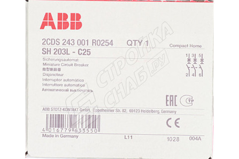 Автоматический выключатель ABB SH203L (2CDS243001R0254) 3P 25А тип C 4,5 кА 400 В на DIN-рейку Автоматический выключатель ABB SH203L (2CDS243001R0254) 3P 25А тип C 4,5 кА 400 В на DIN-рейку