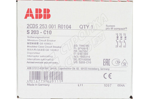 Автоматический выключатель ABB S203 (2CDS253001R0104) 3P 10А тип C 6 кА 400 В на DIN-рейку Автоматический выключатель ABB S203 (2CDS253001R0104) 3P 10А тип C 6 кА 400 В на DIN-рейку