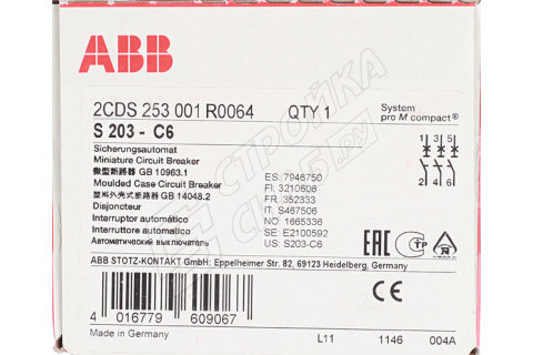 Автоматический выключатель ABB S203 (2CDS253001R0064) 3P 6А тип C 6 кА 400 В на DIN-рейку Автоматический выключатель ABB S203 (2CDS253001R0064) 3P 6А тип C 6 кА 400 В на DIN-рейку