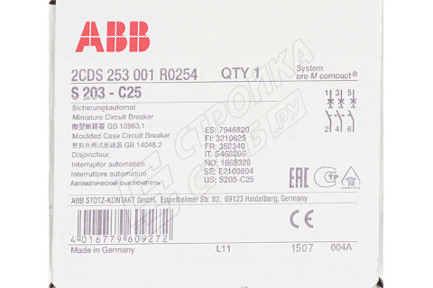 Автоматический выключатель ABB S203 (2CDS253001R0254) 3P 25А тип C 6 кА 400 В на DIN-рейку Автоматический выключатель ABB S203 (2CDS253001R0254) 3P 25А тип C 6 кА 400 В на DIN-рейку