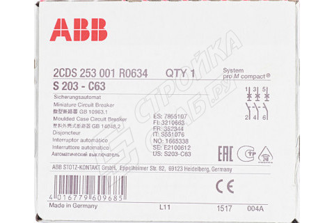 Автоматический выключатель ABB S203 (2CDS253001R0634) 3P 63А тип C 6 кА 400 В на DIN-рейку Автоматический выключатель ABB S203 (2CDS253001R0634) 3P 63А тип C 6 кА 400 В на DIN-рейку