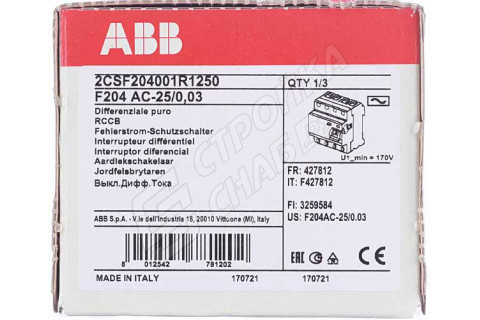 УЗО ABB F204 (2CSF204001R1250) 25А 30 мА 4P тип AC 10 кА УЗО ABB F204 (2CSF204001R1250) 25А 30 мА 4P тип AC 10 кА